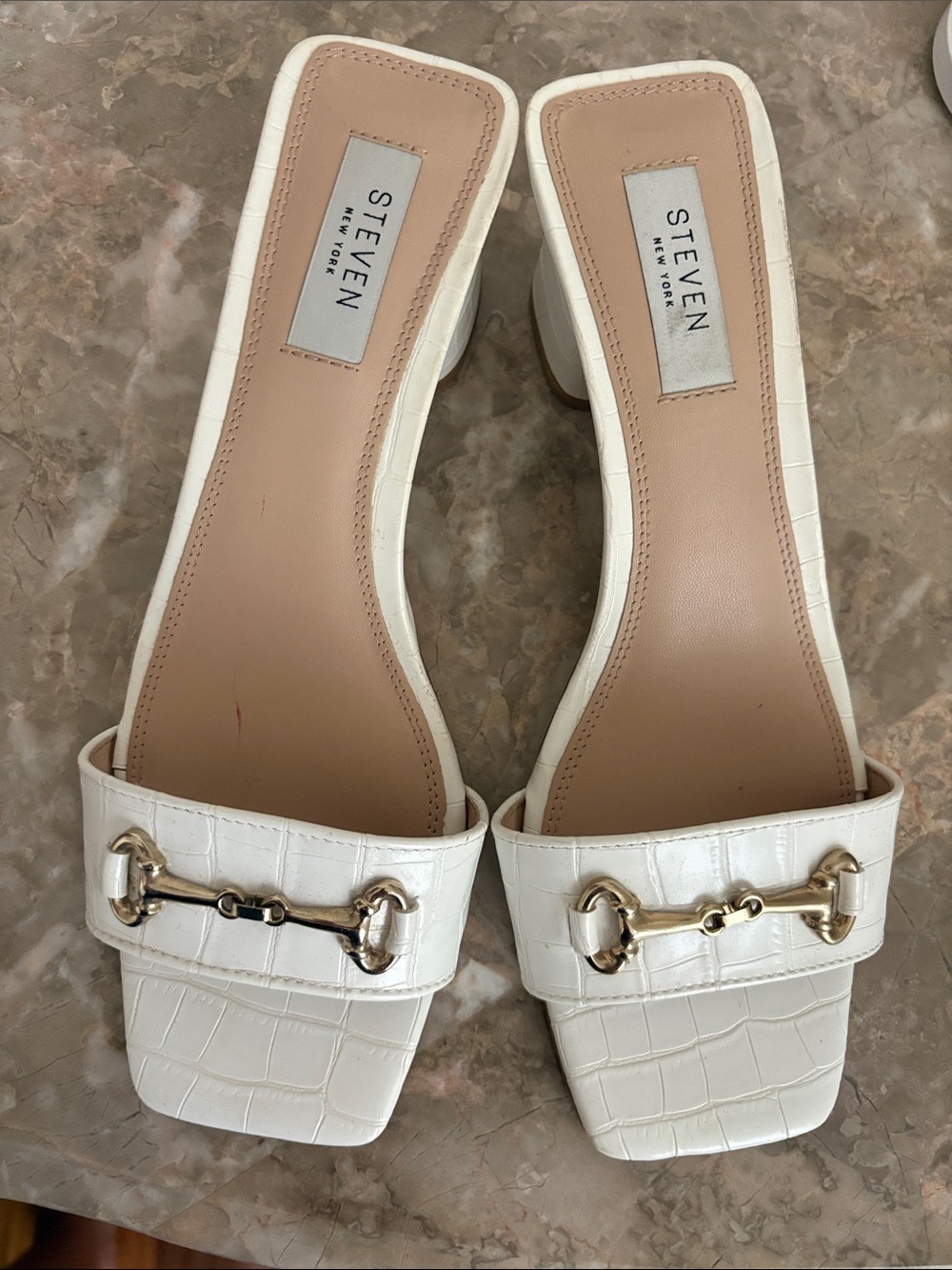 Steven By Steve Madden White Croc-Effect Slide Mules with Gold Hardware